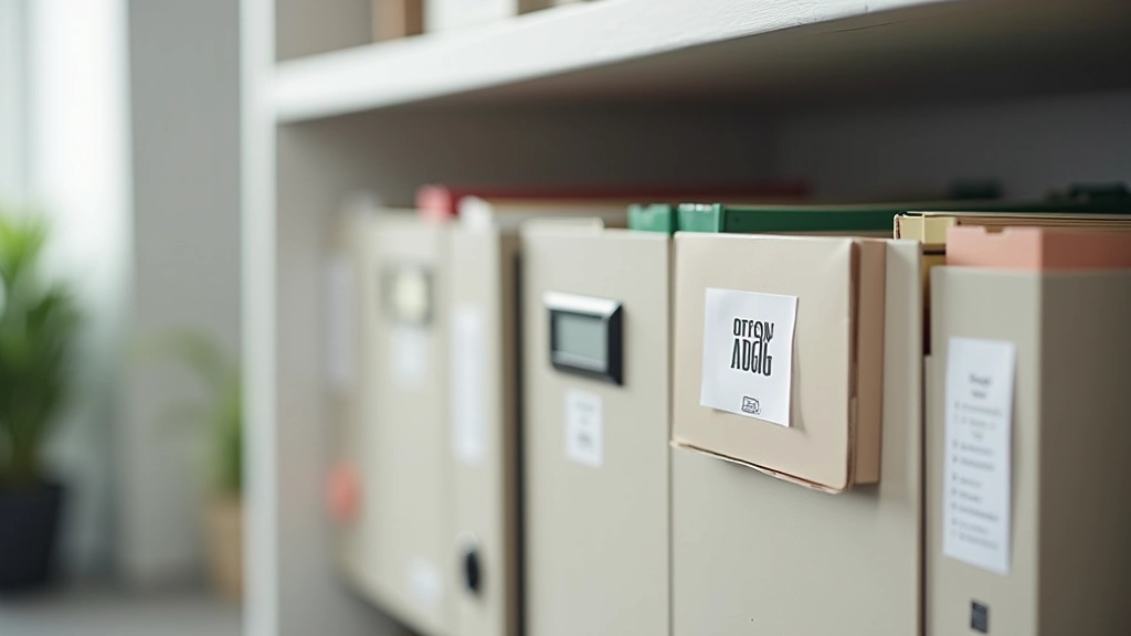 Bezpečný skleněný skřín s archivními šanony a složkami organizovanými podle let a kategorií