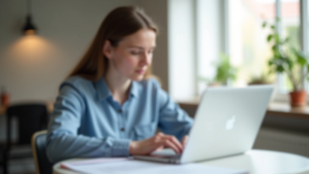 Mladá osoba pracující s notebookem, vyplňování daňového formuláře online, domácí pracovna